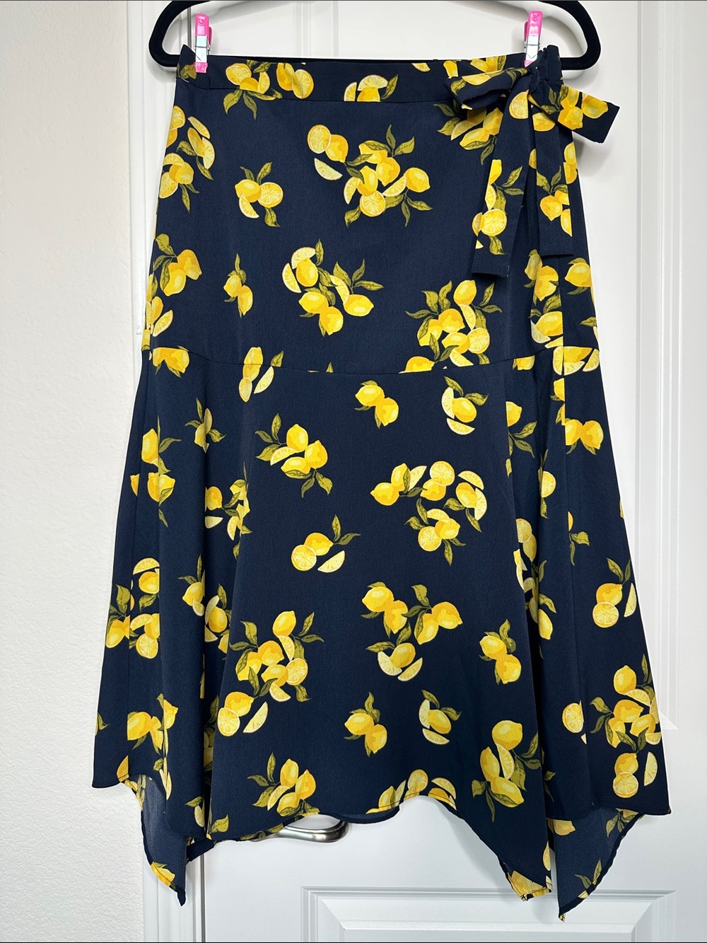 Banana Republic Navy Lemon Print Wrap-Style Midi Skirt with Tie Waist